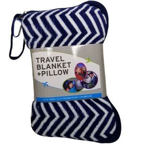 SILVER One Travel Blanket And Pillow Set Navy‎ Blue White Chevron Pattern NWT